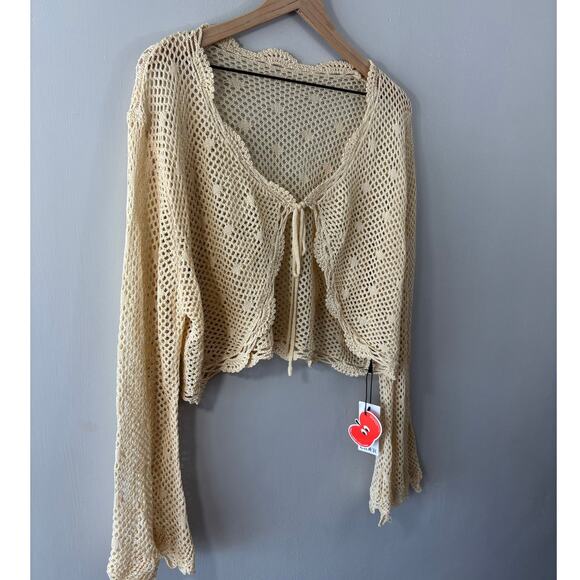 Cider Sweaters - Cider Tie-Front Cream Crochet Crop Cardigan Size XL NWT